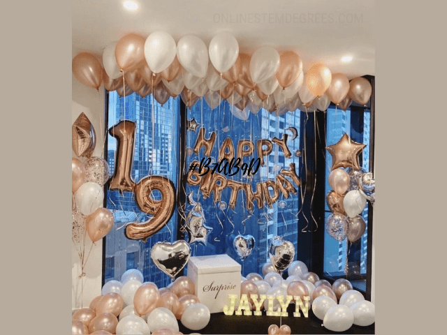 white and gold balloons decoration for 19th birthday